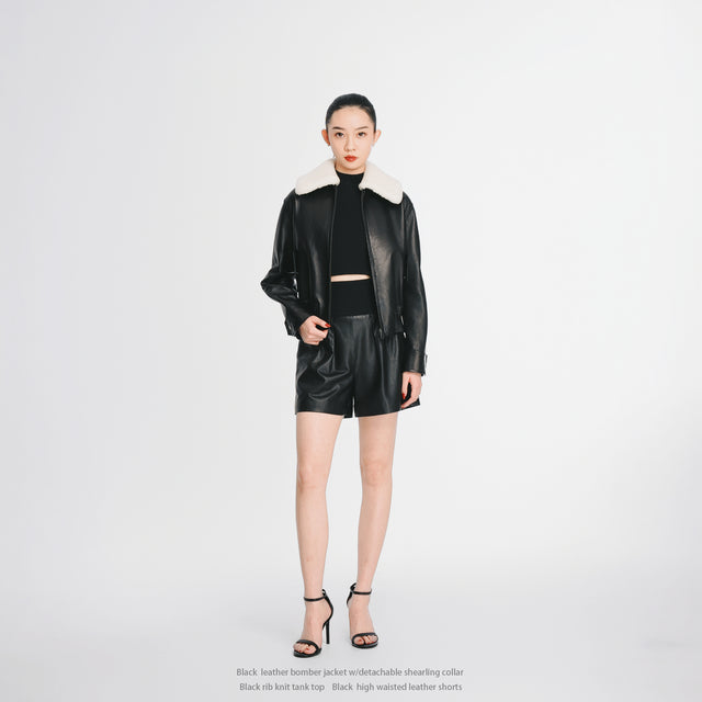 23624BK Leather bomber jacket w/detachable shearling collar
