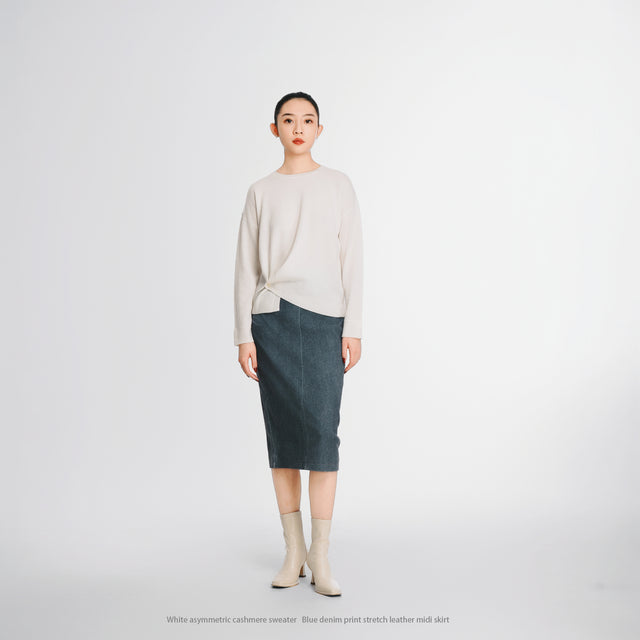 23416-Denim print stretch leather midi skirt