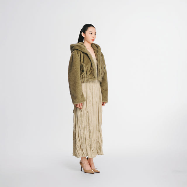 24217GN Faux fur short coat w/hood