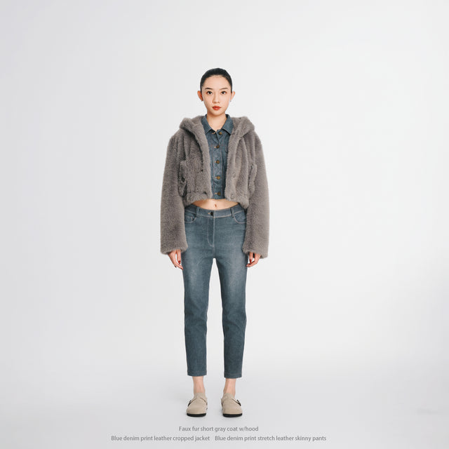 24217GY Faux fur short coat w/hood