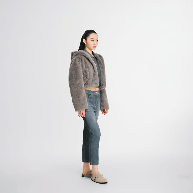 24601 Denim print leather cropped jacket