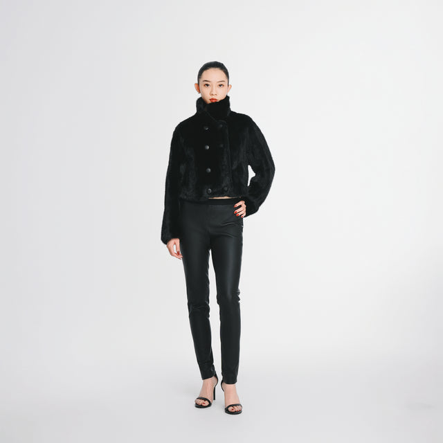 24220BK Double breasted faux fur short coat