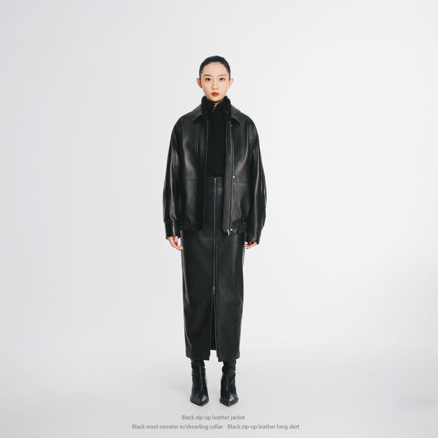 24425 Zip-up leather long skirt