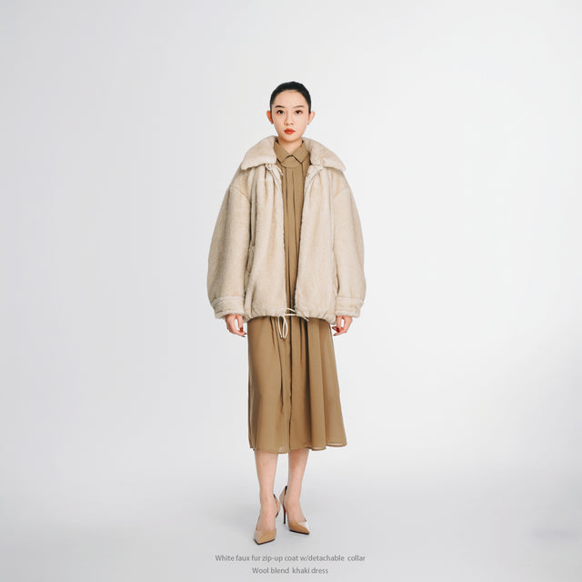 24704WH Faux fur zip-up coat w/detachable collar