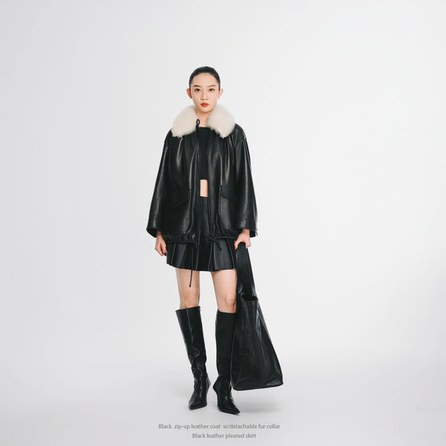 24703 Zip-up leather coat w/detachable fur collar