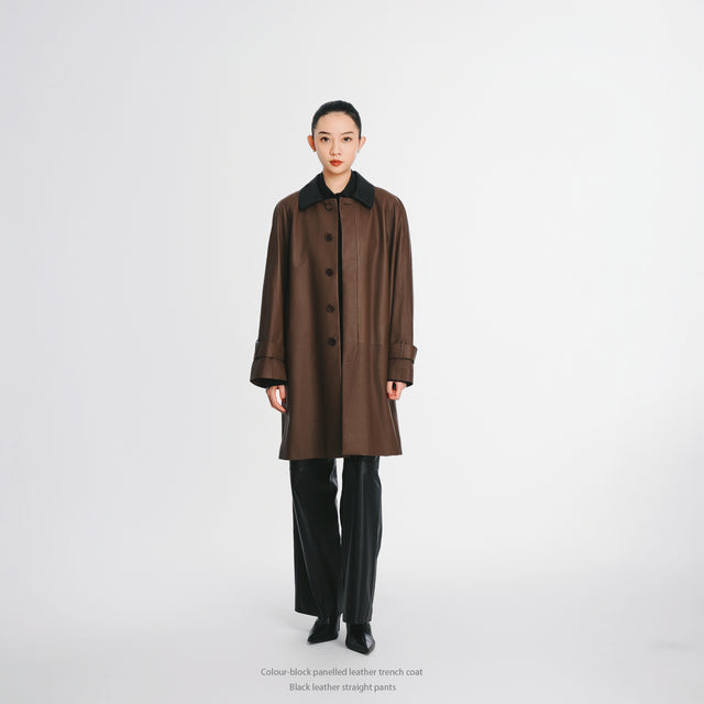 24801BN Colour-block panelled leather trench coat