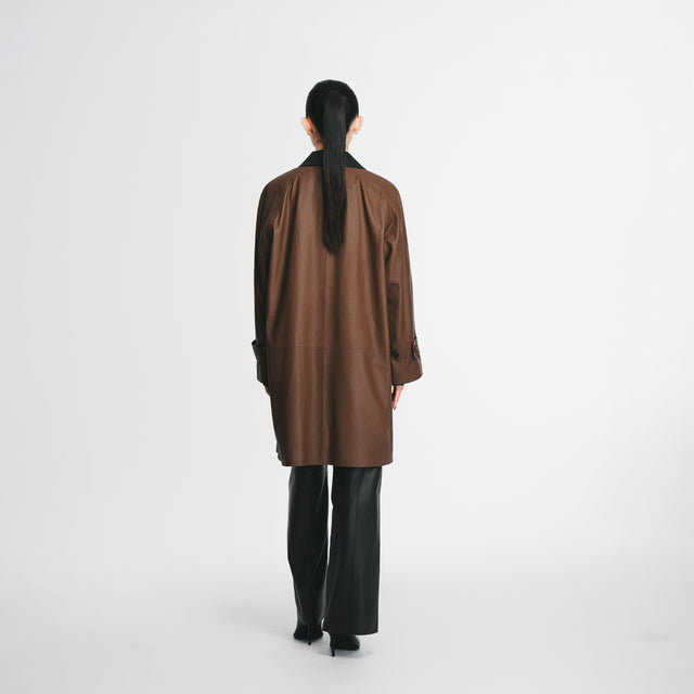 24801BN   Colour-block panelled leather trench coat